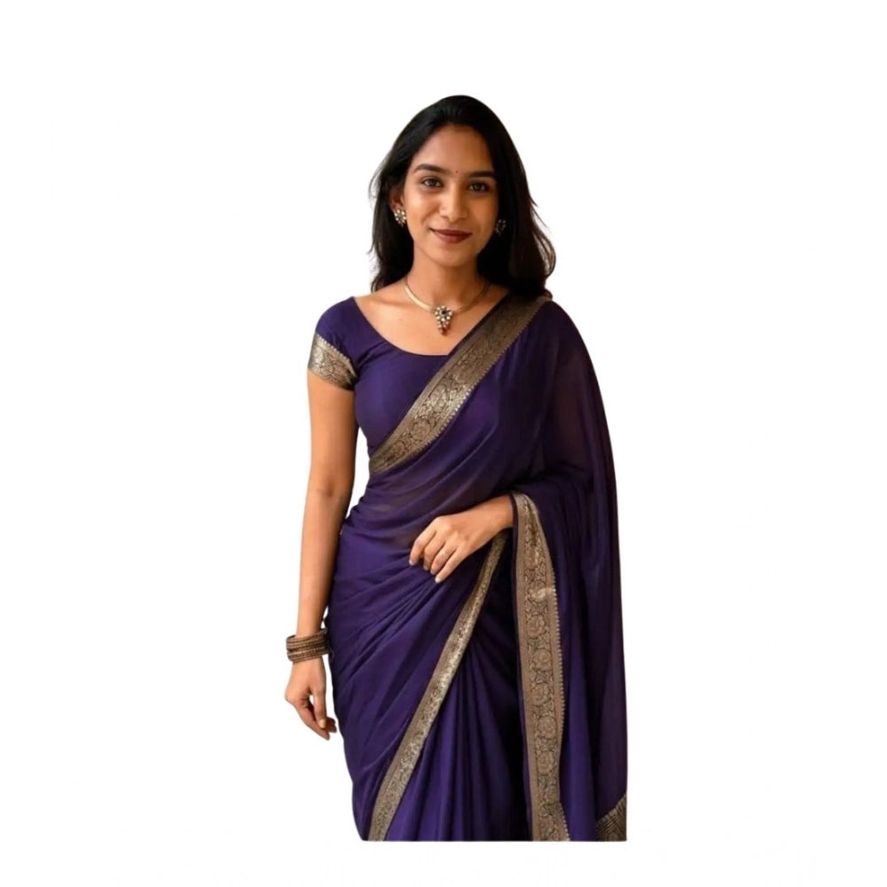 Amfyn Women's Vichitra Silk Printed Saree With Unstitched Blouse 5.5Mtr (Purple)
