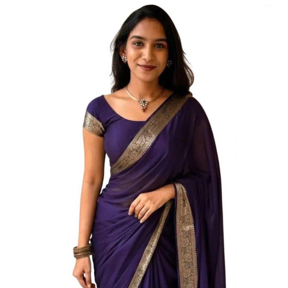 Amfyn Women's Vichitra Silk Printed Saree With Unstitched Blouse 5.5Mtr (Purple)