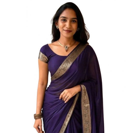 Amfyn Women's Vichitra Silk Printed Saree With Unstitched Blouse 5.5Mtr (Purple)