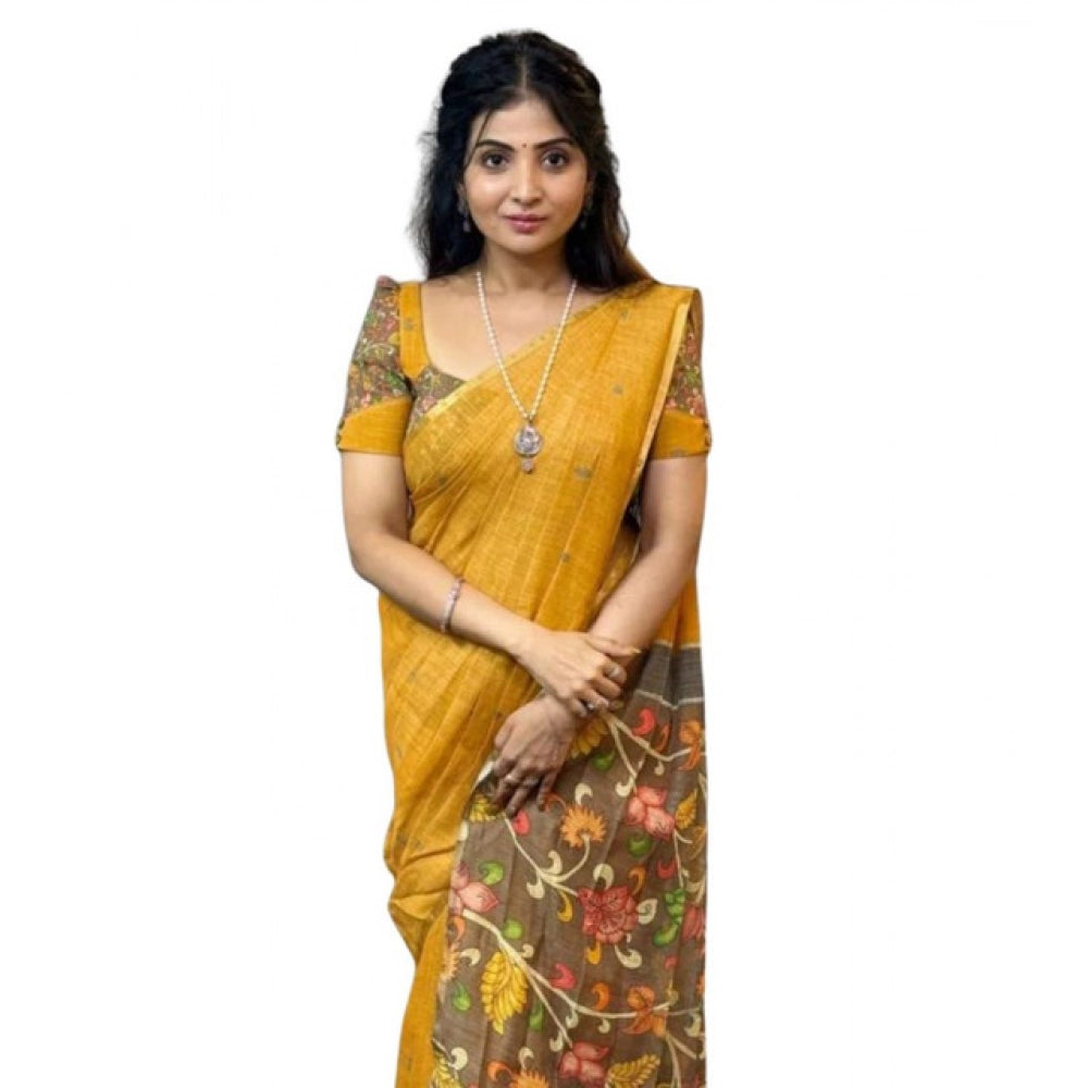 Amfyn Women's Linen Printed Saree With Unstitched Blouse 5.5Mtr (Mustard)