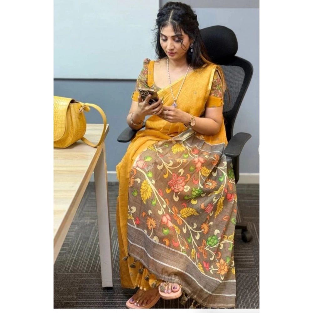 Amfyn Women's Linen Printed Saree With Unstitched Blouse 5.5Mtr (Mustard)