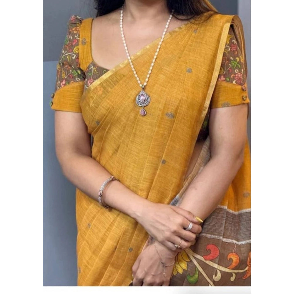 Amfyn Women's Linen Printed Saree With Unstitched Blouse 5.5Mtr (Mustard)