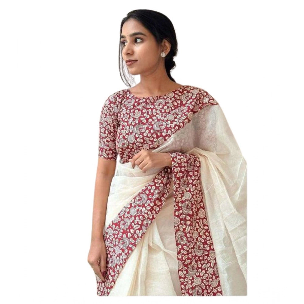 Amfyn Women's Linen Printed Saree With Unstitched Blouse 5.5Mtr (White)