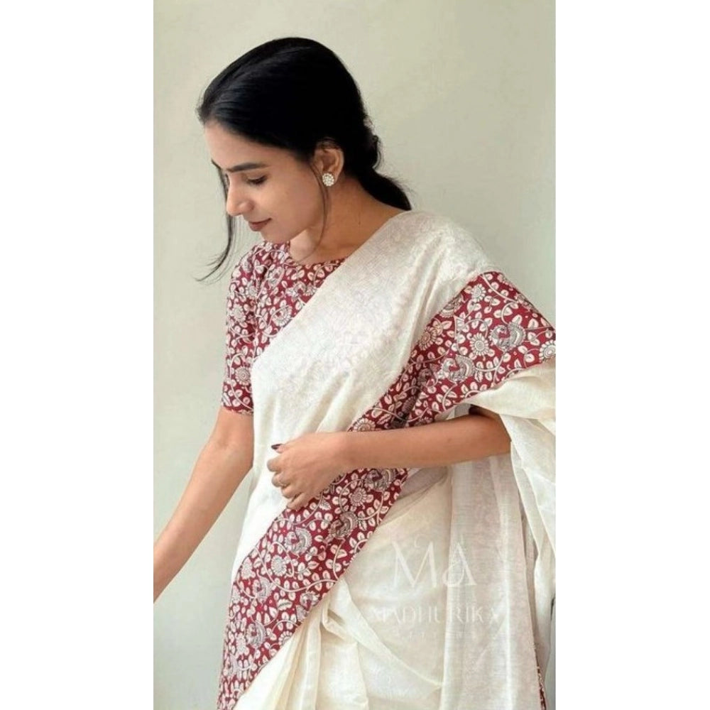Amfyn Women's Linen Printed Saree With Unstitched Blouse 5.5Mtr (White)