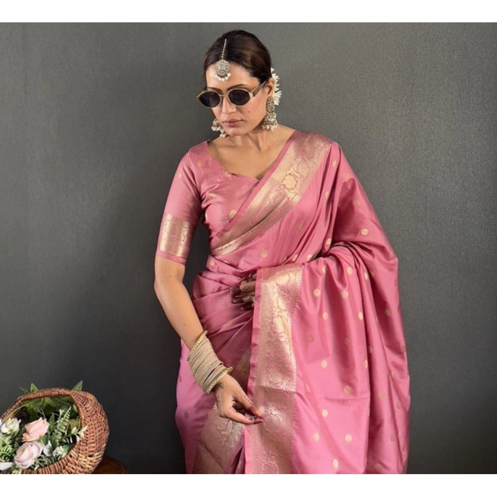 Amfyn Women's Satin Printed Saree With Unstitched Blouse 5.5Mtr (Pink)