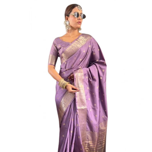 Amfyn Women's Satin Printed Saree With Unstitched Blouse 5.5Mtr (Purple)