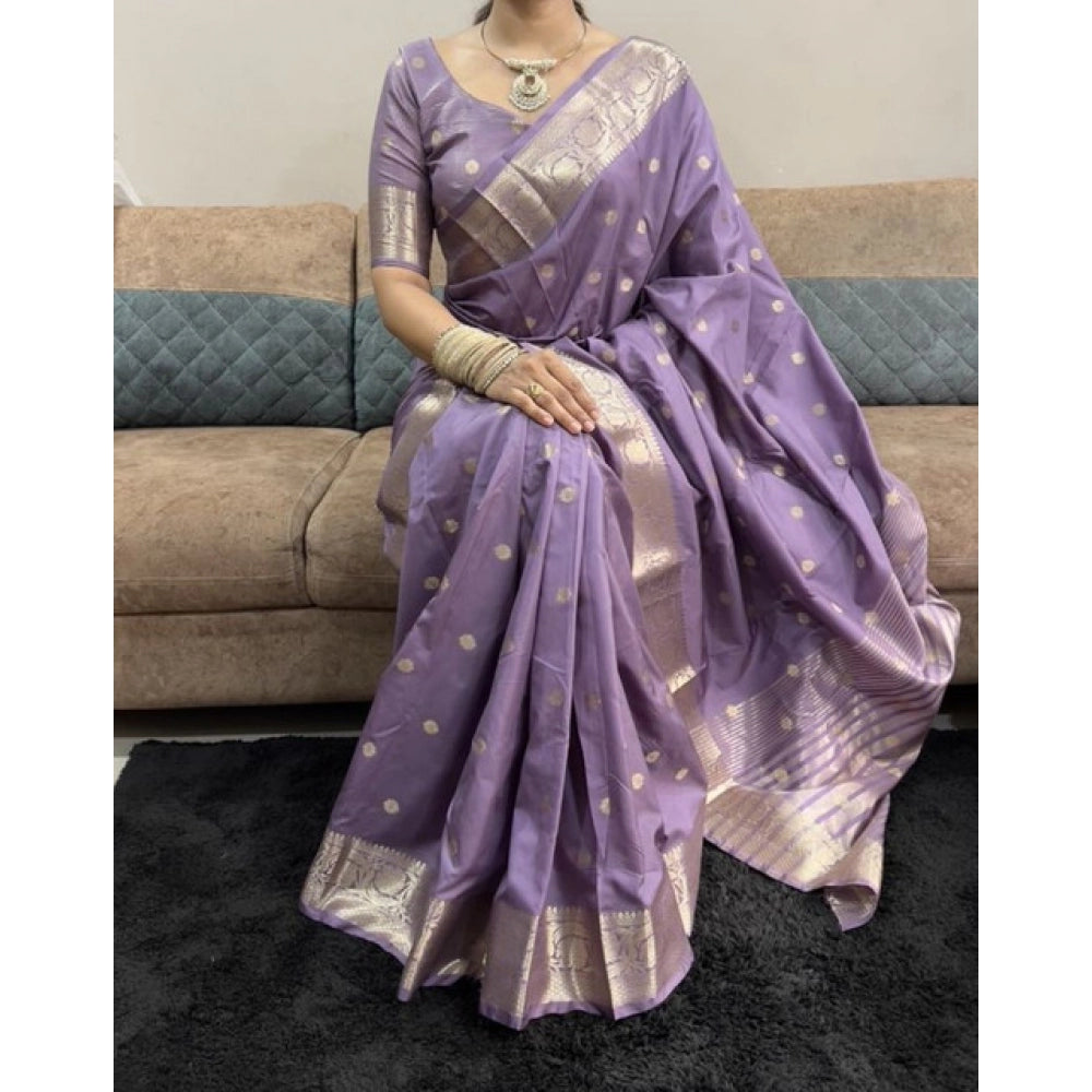 Amfyn Women's Satin Printed Saree With Unstitched Blouse 5.5Mtr (Purple)