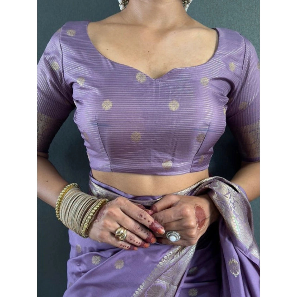 Amfyn Women's Satin Printed Saree With Unstitched Blouse 5.5Mtr (Purple)