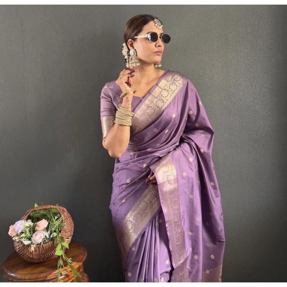 Amfyn Women's Satin Printed Saree With Unstitched Blouse 5.5Mtr (Purple)