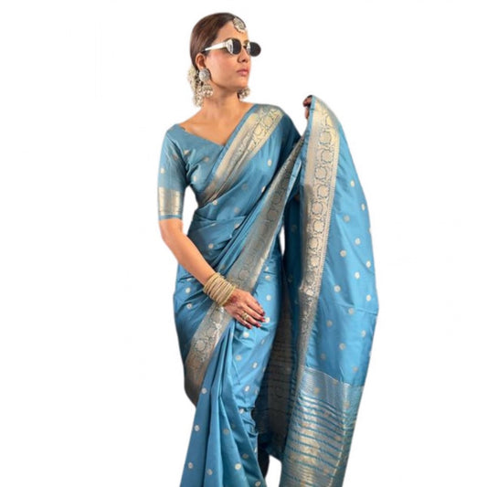 Amfyn Women's Satin Printed Saree With Unstitched Blouse 5.5Mtr (light Blue)