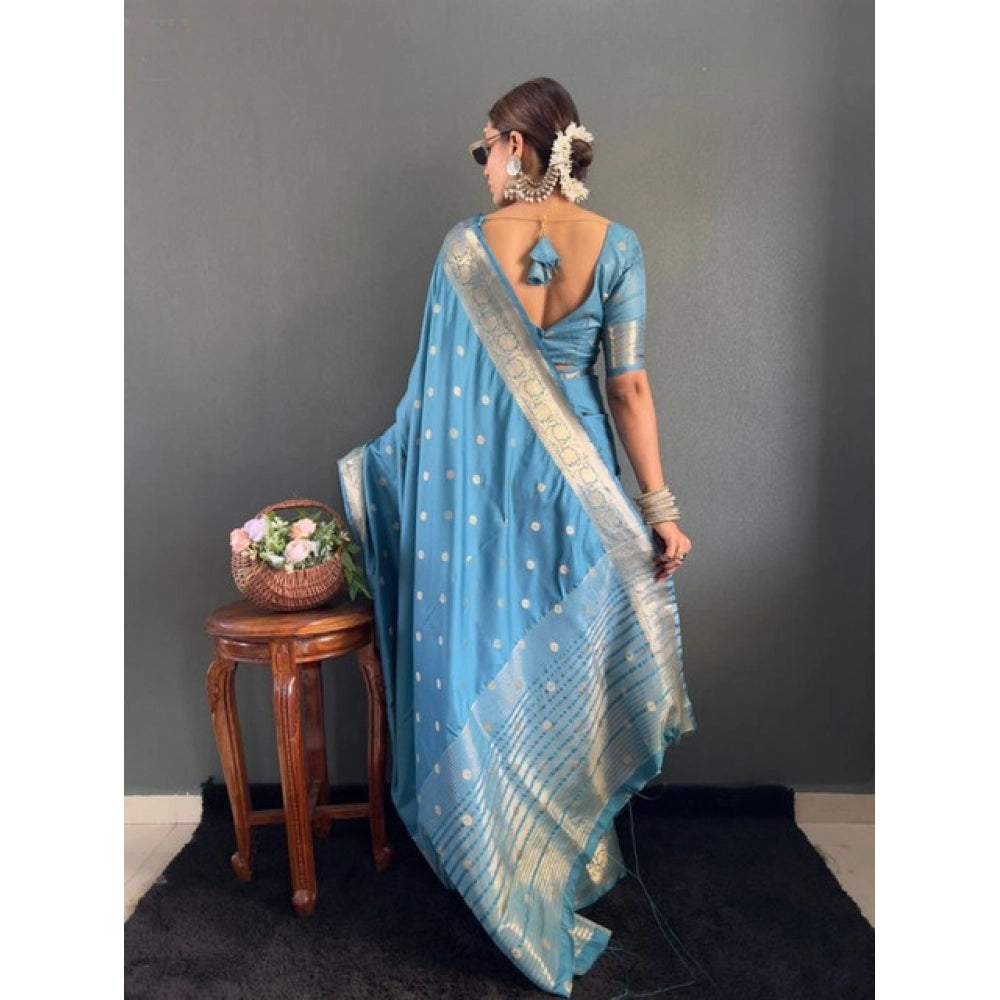 Amfyn Women's Satin Printed Saree With Unstitched Blouse 5.5Mtr (light Blue)