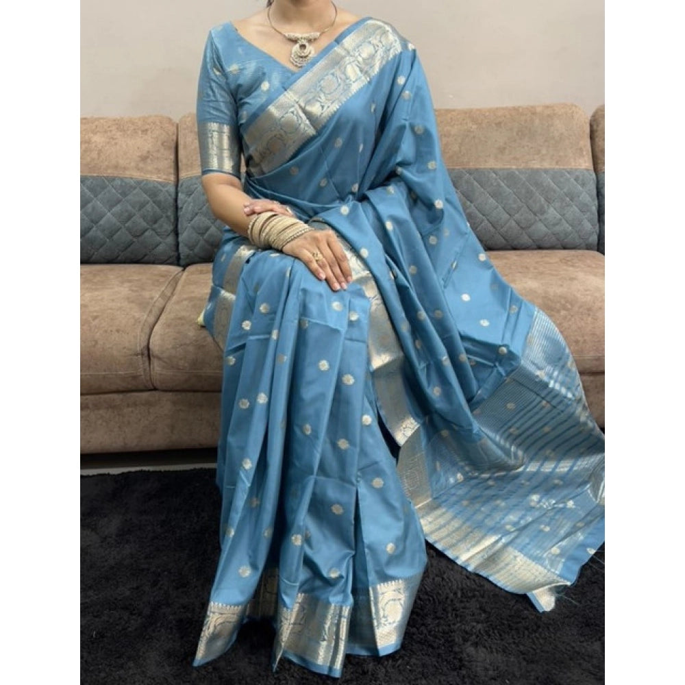 Amfyn Women's Satin Printed Saree With Unstitched Blouse 5.5Mtr (light Blue)