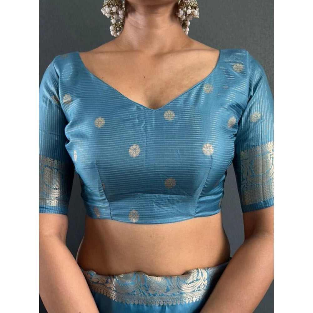 Amfyn Women's Satin Printed Saree With Unstitched Blouse 5.5Mtr (light Blue)