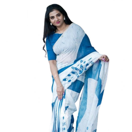 Amfyn Women's Linen Printed Saree With Unstitched Blouse 5.5Mtr (White)