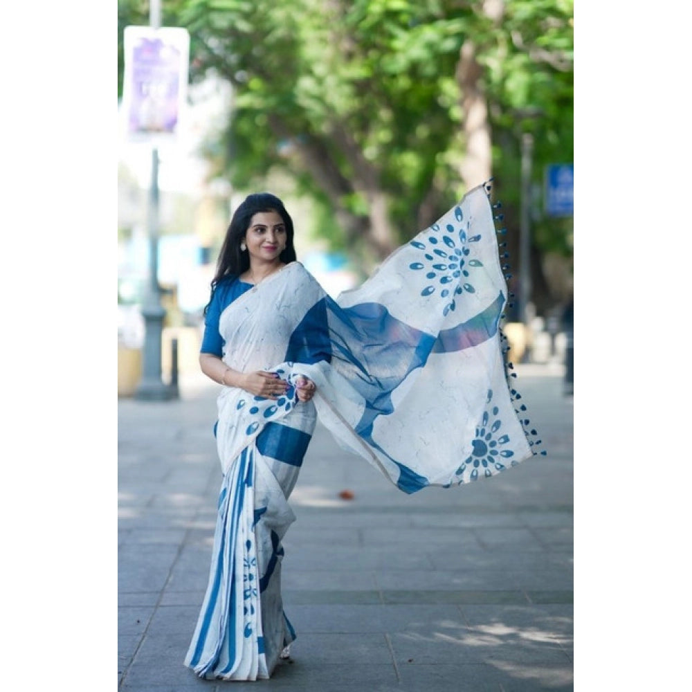 Amfyn Women's Linen Printed Saree With Unstitched Blouse 5.5Mtr (White)