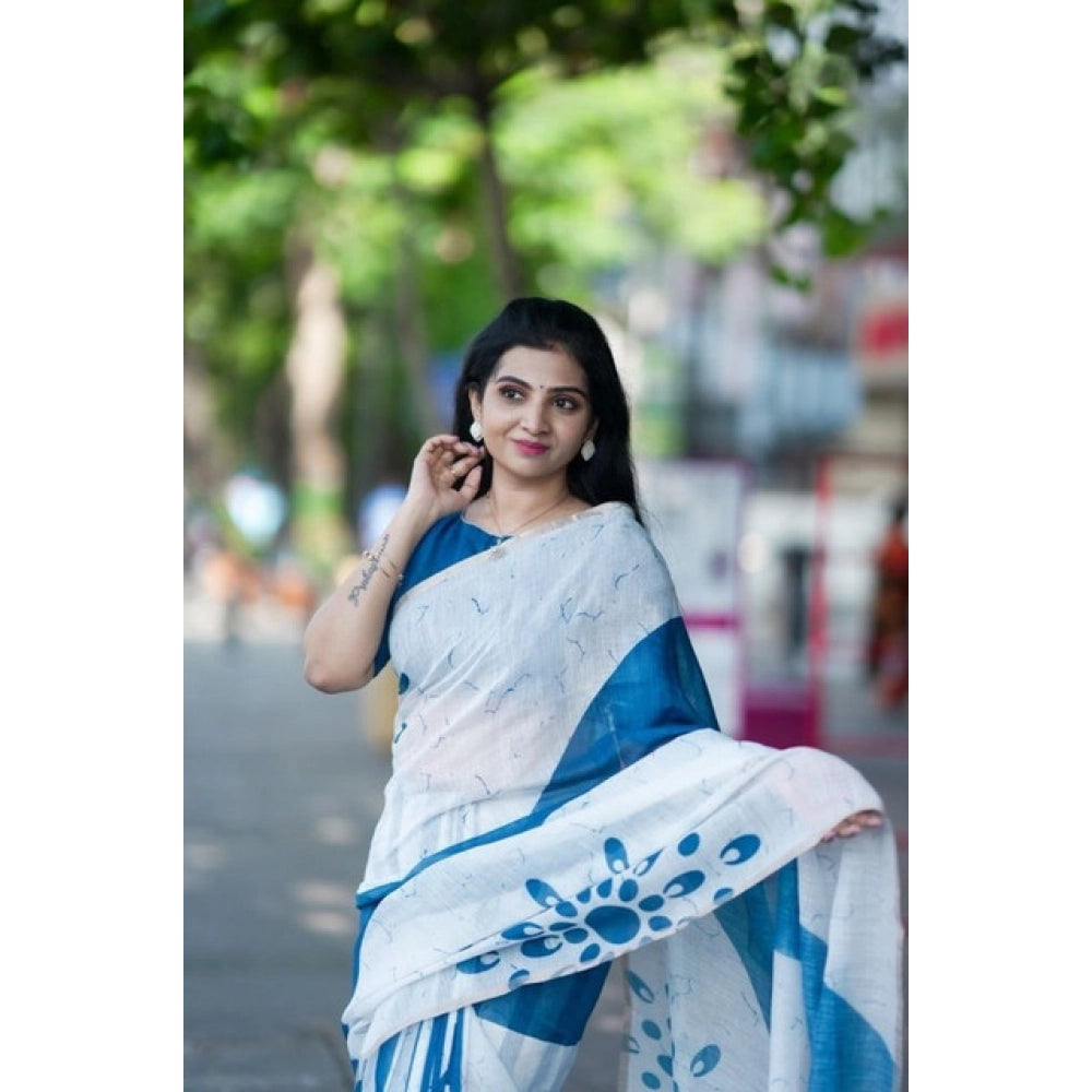 Amfyn Women's Linen Printed Saree With Unstitched Blouse 5.5Mtr (White)