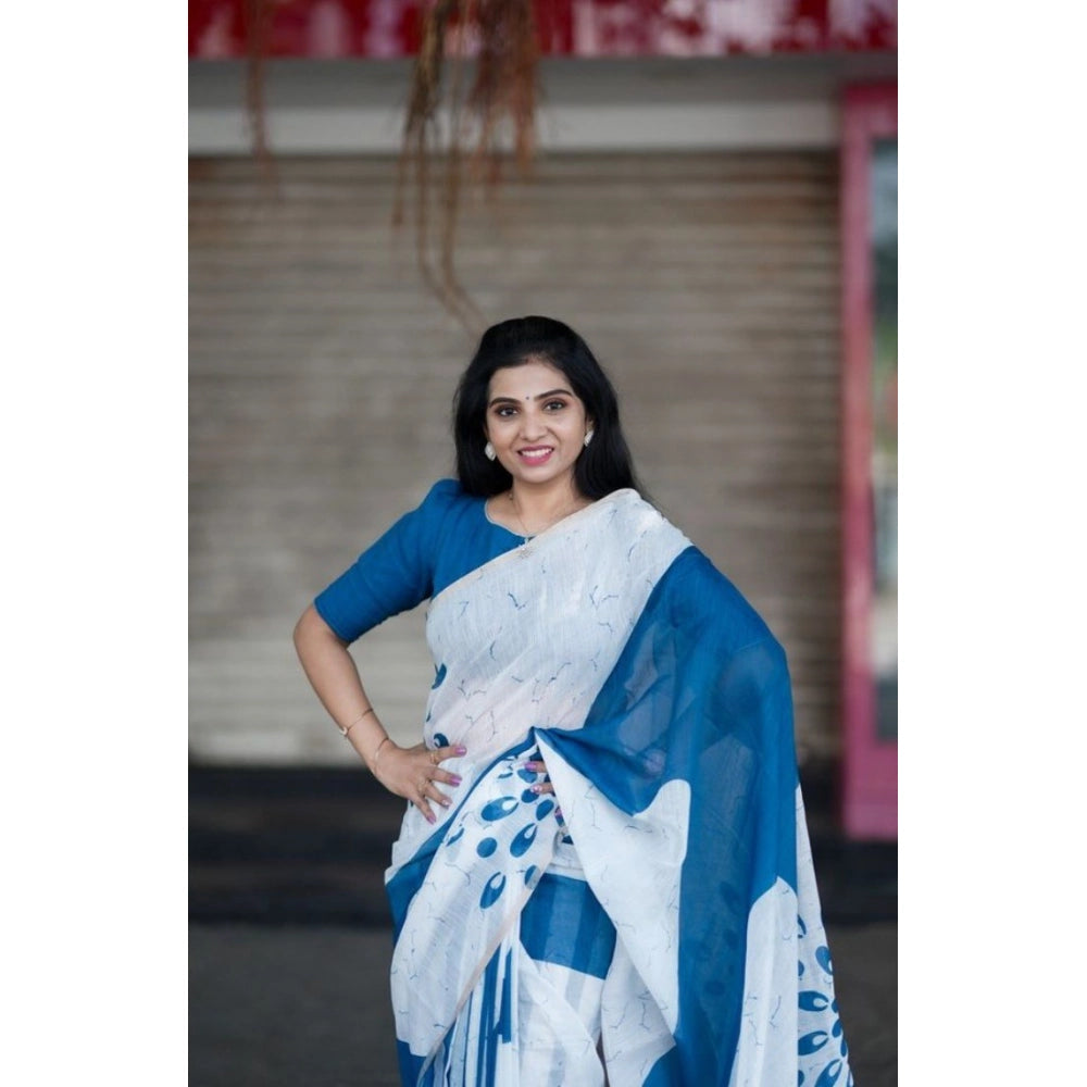 Amfyn Women's Linen Printed Saree With Unstitched Blouse 5.5Mtr (White)
