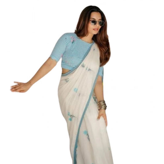 Amfyn Women's Linen Printed Saree With Unstitched Blouse 5.5Mtr (White)