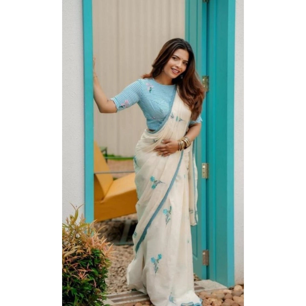 Amfyn Women's Linen Printed Saree With Unstitched Blouse 5.5Mtr (White)