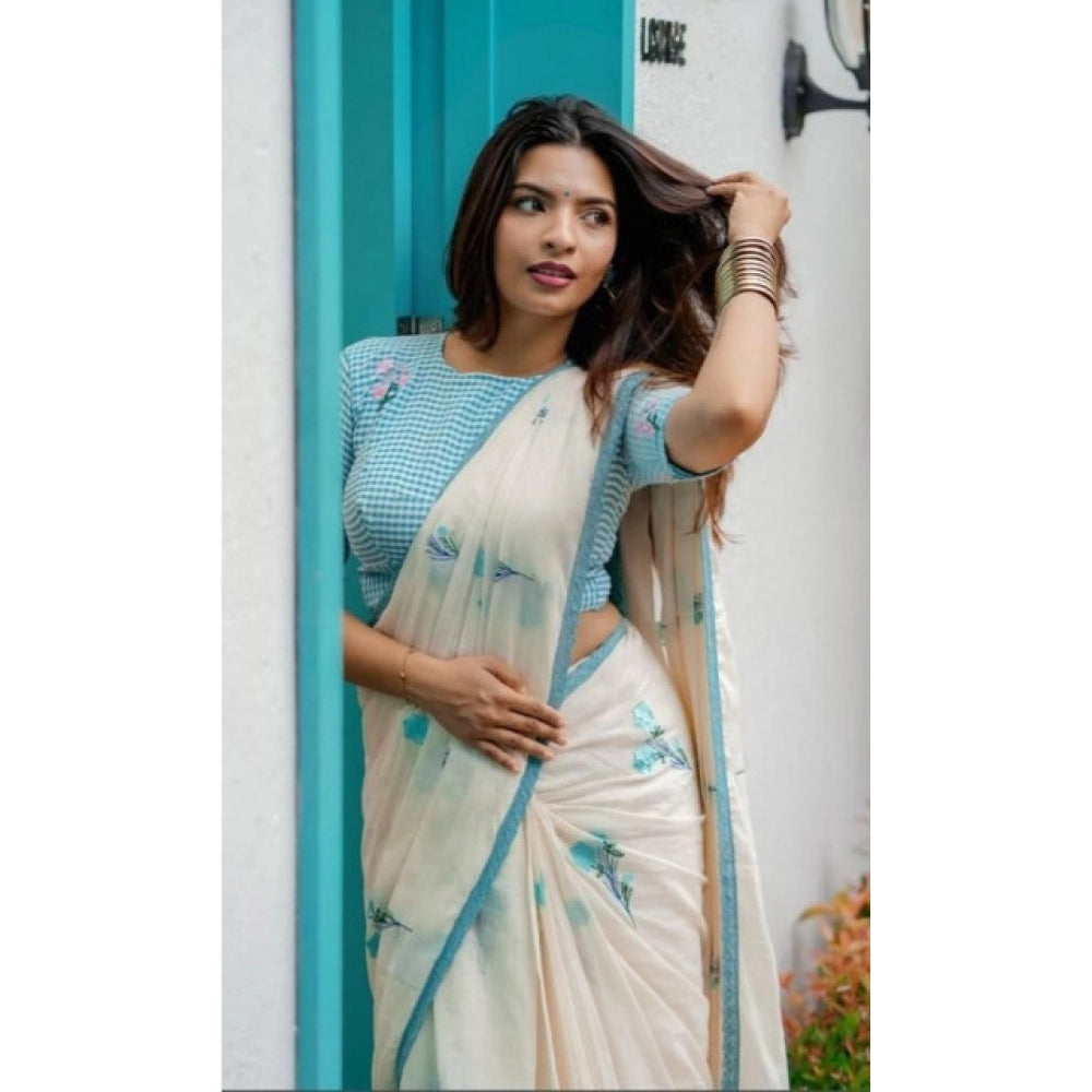 Amfyn Women's Linen Printed Saree With Unstitched Blouse 5.5Mtr (White)