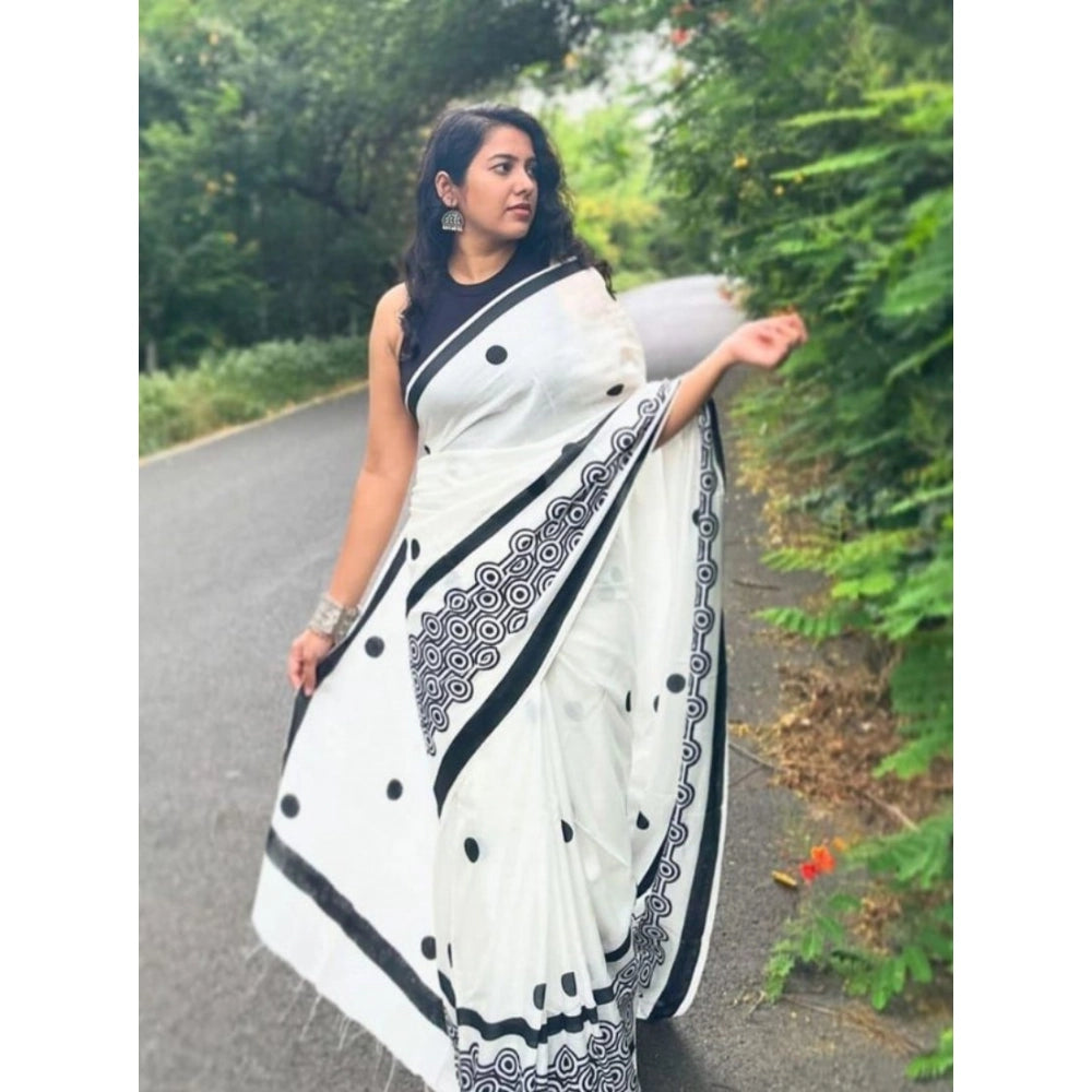 Amfyn Women's Linen Printed Saree With Unstitched Blouse 5.5Mtr (White)