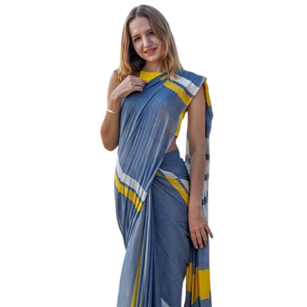 Amfyn Women's Linen Printed Saree With Unstitched Blouse 5.5Mtr (Blue)