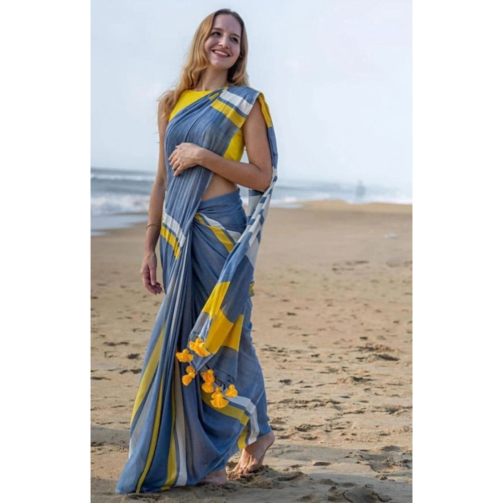 Amfyn Women's Linen Printed Saree With Unstitched Blouse 5.5Mtr (Blue)