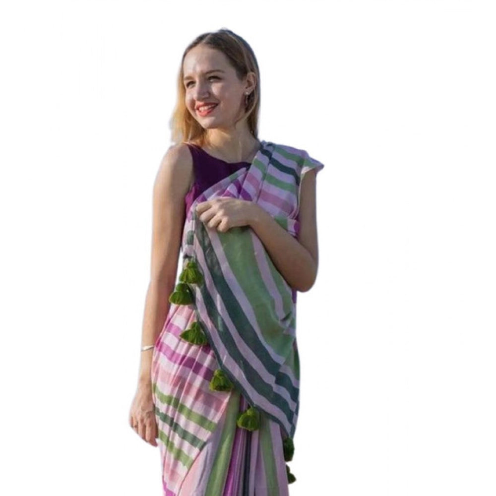 Amfyn Women's Linen Printed Saree With Unstitched Blouse 5.5Mtr (Pink)
