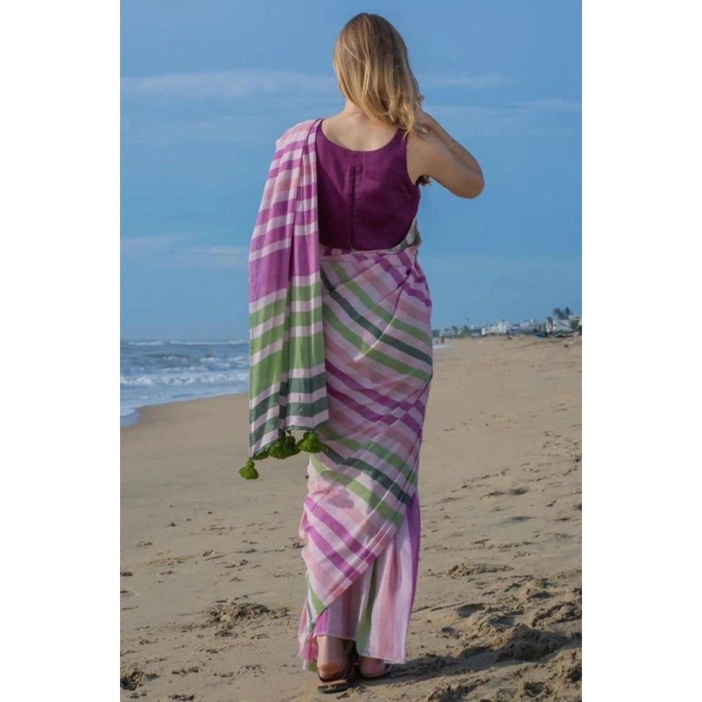 Amfyn Women's Linen Printed Saree With Unstitched Blouse 5.5Mtr (Pink)