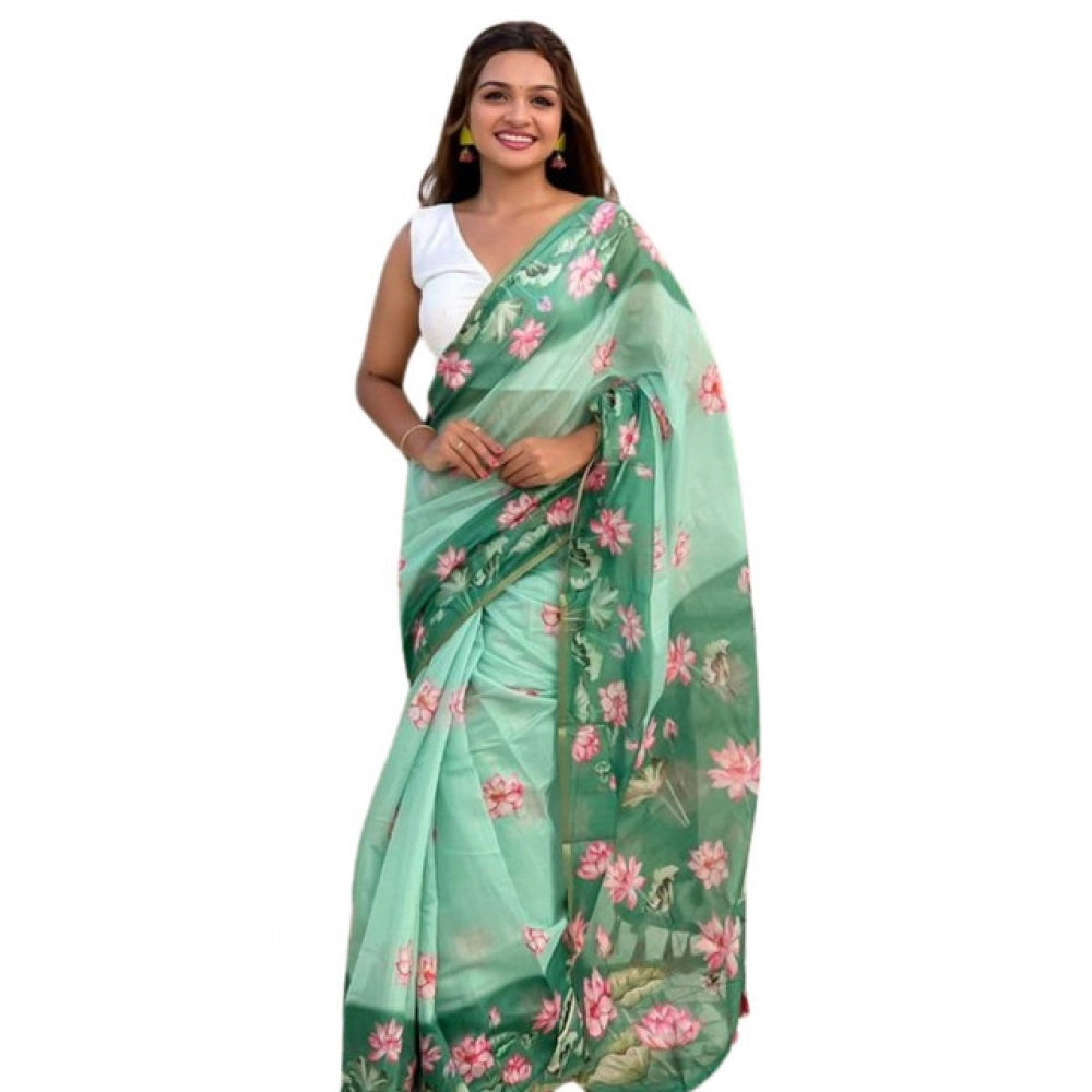 Amfyn Women's Linen Printed Saree With Unstitched Blouse 5.5Mtr (Green)