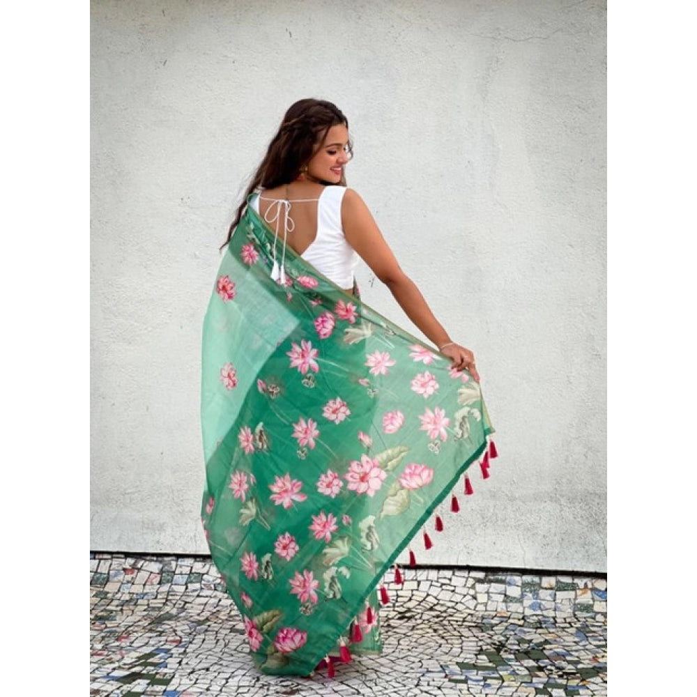 Amfyn Women's Linen Printed Saree With Unstitched Blouse 5.5Mtr (Green)