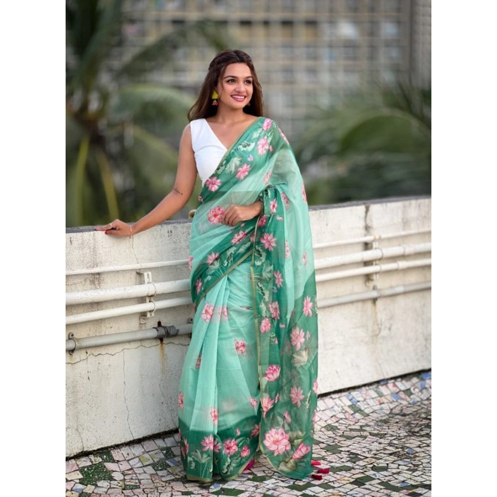 Amfyn Women's Linen Printed Saree With Unstitched Blouse 5.5Mtr (Green)