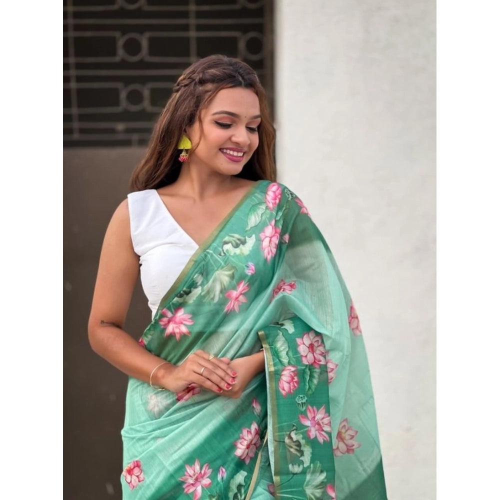 Amfyn Women's Linen Printed Saree With Unstitched Blouse 5.5Mtr (Green)