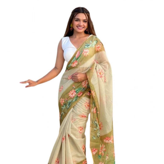 Amfyn Women's Linen Printed Saree With Unstitched Blouse 5.5Mtr (Mahendi)