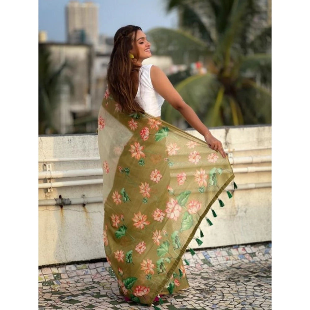 Amfyn Women's Linen Printed Saree With Unstitched Blouse 5.5Mtr (Mahendi)