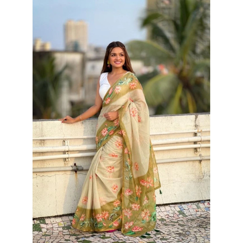 Amfyn Women's Linen Printed Saree With Unstitched Blouse 5.5Mtr (Mahendi)