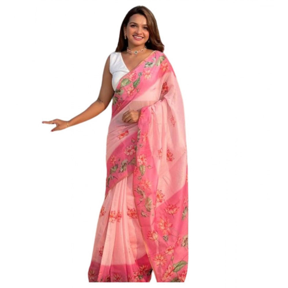 Amfyn Women's Linen Printed Saree With Unstitched Blouse 5.5Mtr (Pink)