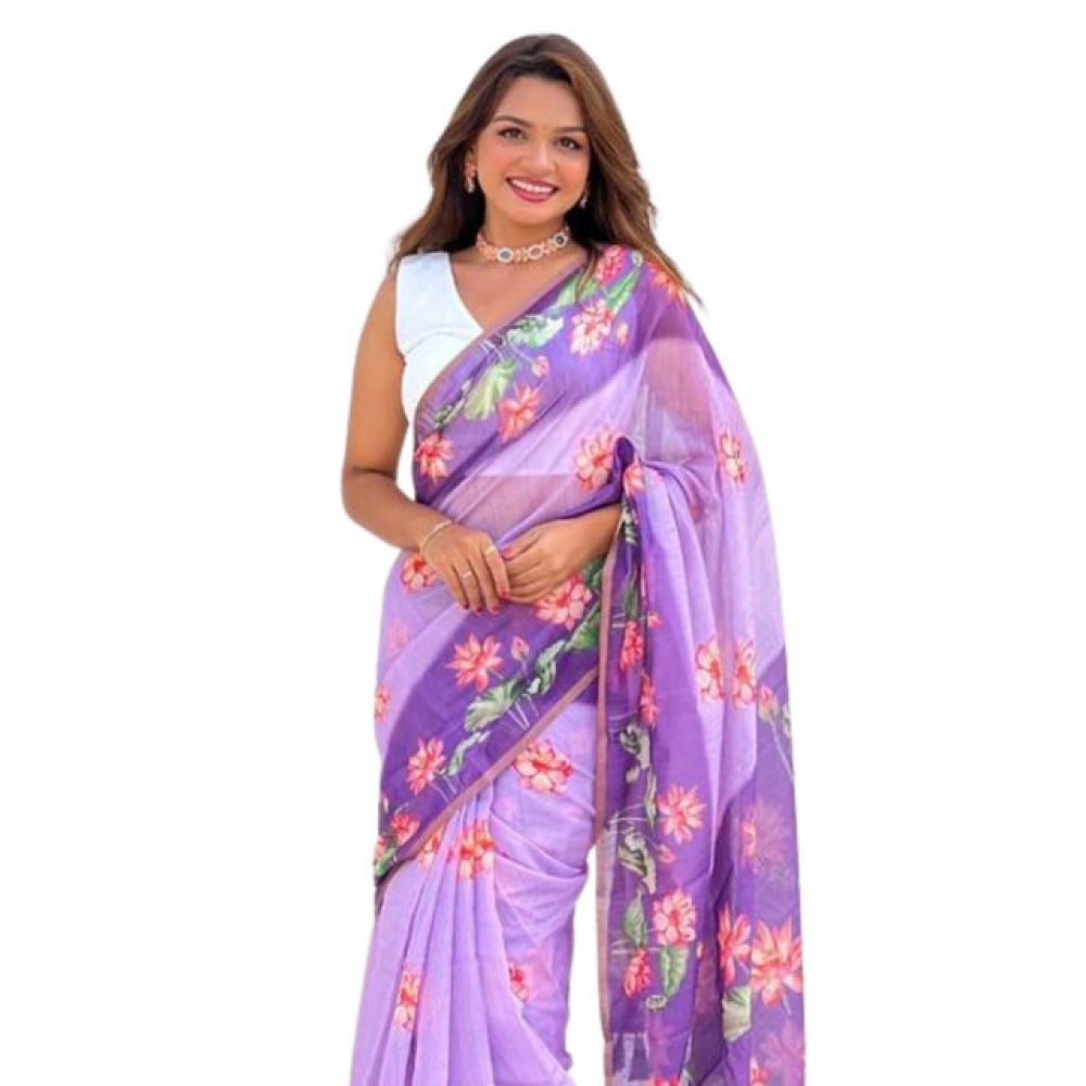 Amfyn Women's Linen Printed Saree With Unstitched Blouse 5.5Mtr (Purple)