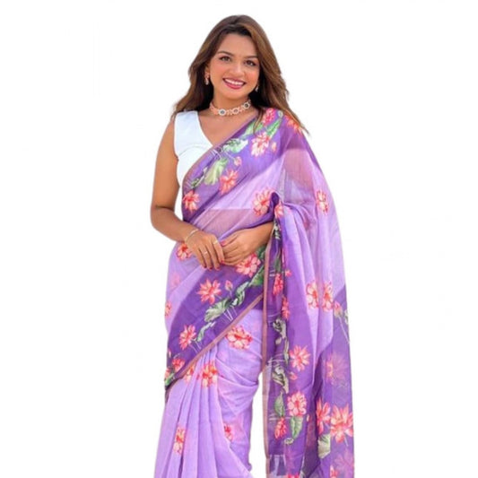 Amfyn Women's Linen Printed Saree With Unstitched Blouse 5.5Mtr (Purple)