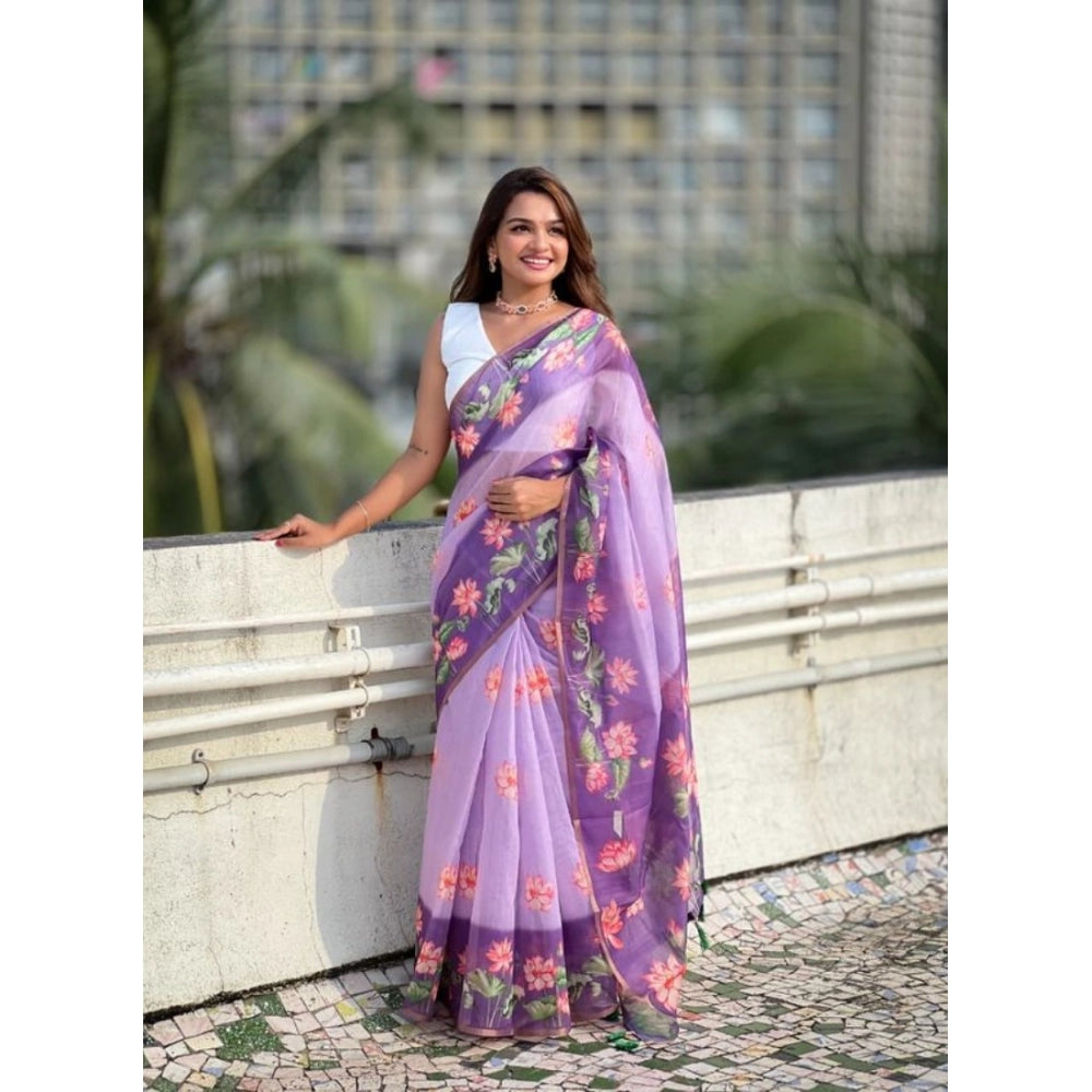 Amfyn Women's Linen Printed Saree With Unstitched Blouse 5.5Mtr (Purple)