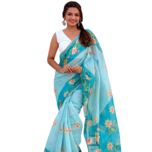 Amfyn Women's Linen Printed Saree With Unstitched Blouse 5.5Mtr (Aqua)