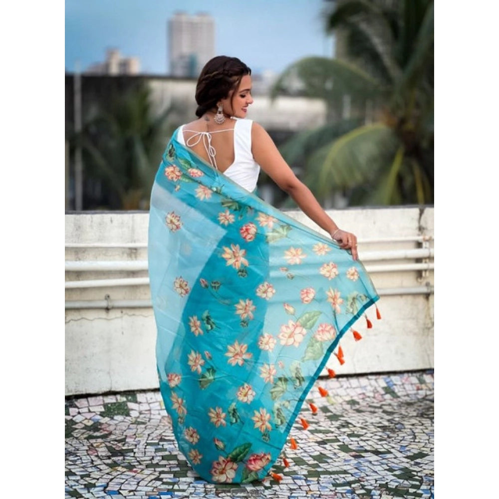 Amfyn Women's Linen Printed Saree With Unstitched Blouse 5.5Mtr (Aqua)