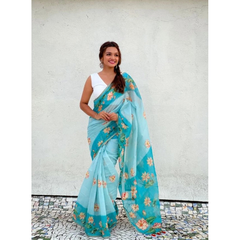 Amfyn Women's Linen Printed Saree With Unstitched Blouse 5.5Mtr (Aqua)