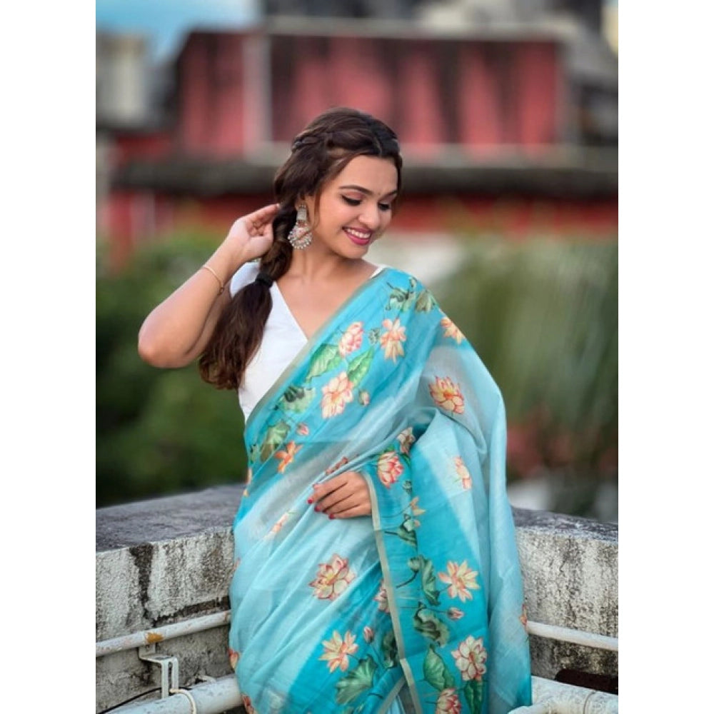 Amfyn Women's Linen Printed Saree With Unstitched Blouse 5.5Mtr (Aqua)
