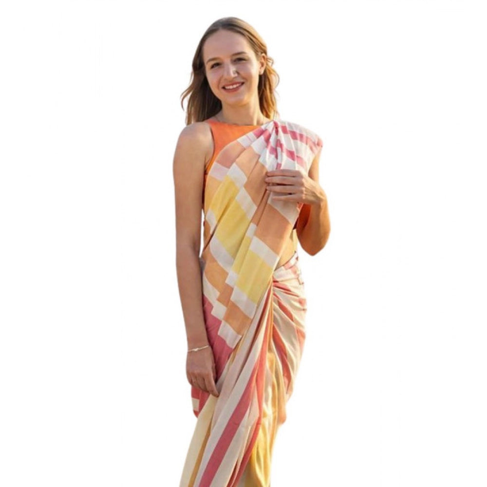 Amfyn Women's Linen Printed Saree With Unstitched Blouse 5.5Mtr (Yellow)