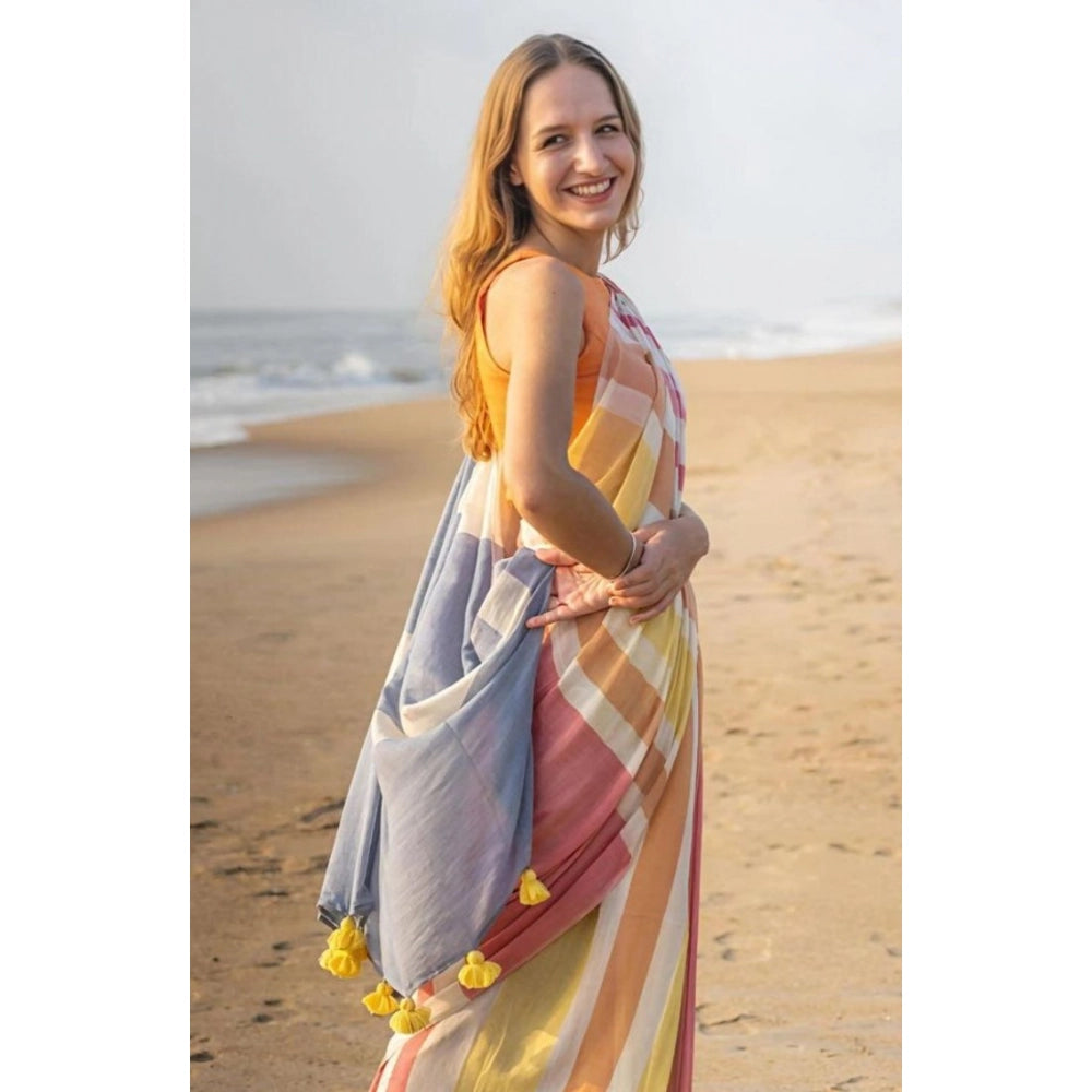 Amfyn Women's Linen Printed Saree With Unstitched Blouse 5.5Mtr (Yellow)