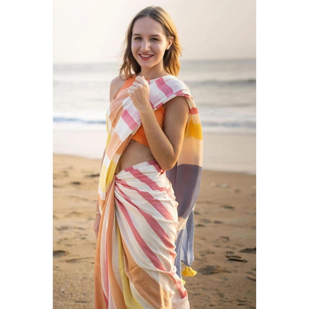 Amfyn Women's Linen Printed Saree With Unstitched Blouse 5.5Mtr (Yellow)