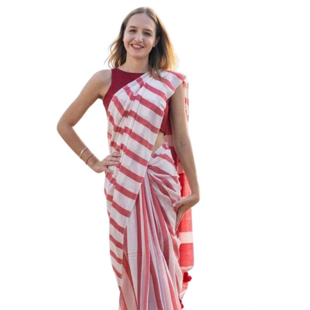 Amfyn Women's Linen Printed Saree With Unstitched Blouse 5.5Mtr (Red)
