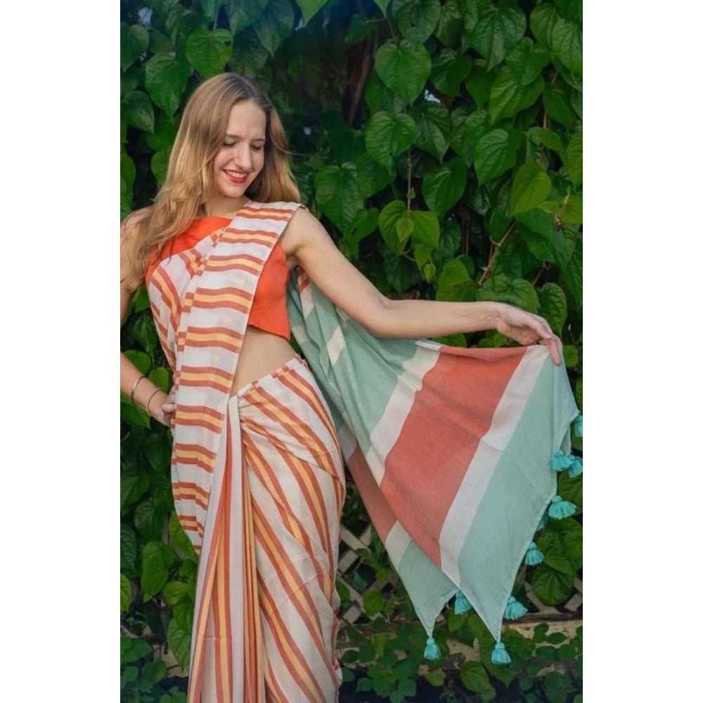 Amfyn Women's Linen Printed Saree With Unstitched Blouse 5.5Mtr (Orange)