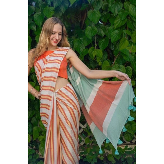 Amfyn Women's Linen Printed Saree With Unstitched Blouse 5.5Mtr (Orange)